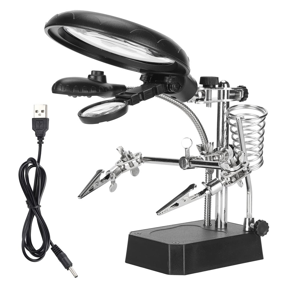 Oyhhalginate Adjustable Magnifier Auxiliary Clip with LED Light, Desktop Stand for Magnifying Glass, Dual Lens 10X Magnification Kit with USB Charging Base for Electronics Repair