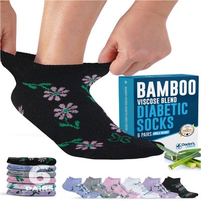 Doctor's Select Viscose Bamboo Ankle Diabetic Socks for Women and Men - 6 Pairs | Super Soft, Non Binding, Loose Wide Top, Flowers