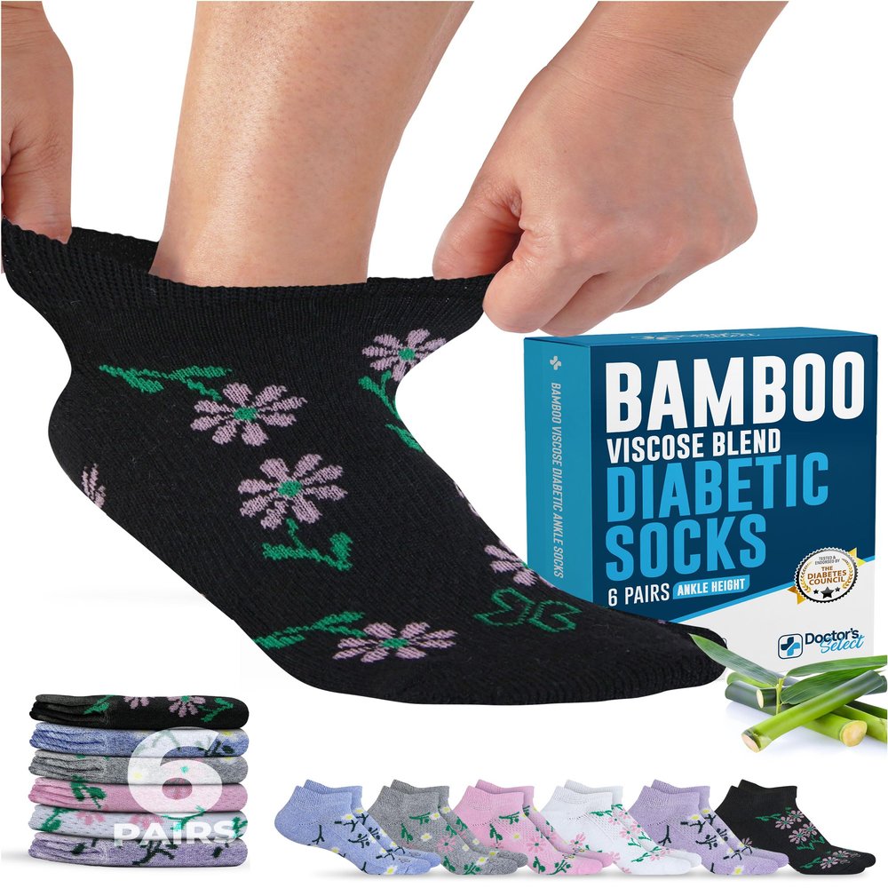 Doctor's Select Viscose Bamboo Ankle Diabetic Socks for Women and Men - 6 Pairs | Super Soft, Non Binding, Loose Wide Top, Flowers