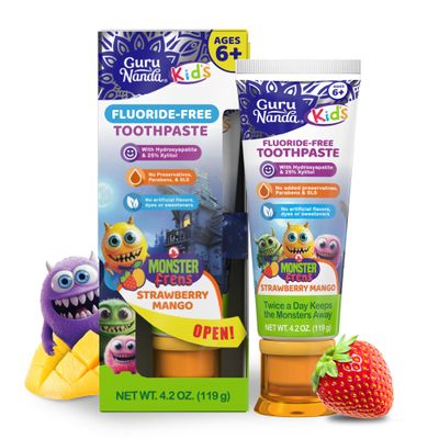 GuruNanda Kids Toothpaste with 2% Hydroxyapatite & 25% Xylitol, Fluoride-Free, Strawberry Mango Flavor, Safe if Swallowed, Gentle Formula for Young Teeth & Gums, 4.2 oz