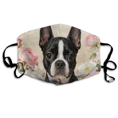 MZERSE Funny Balaclava Face Mask Boston Terrier Flower Pink Roses Floral, Adjustable Ear Loops Reusable Washable Cloth Mouth Scarf for Party Holiday and Daily