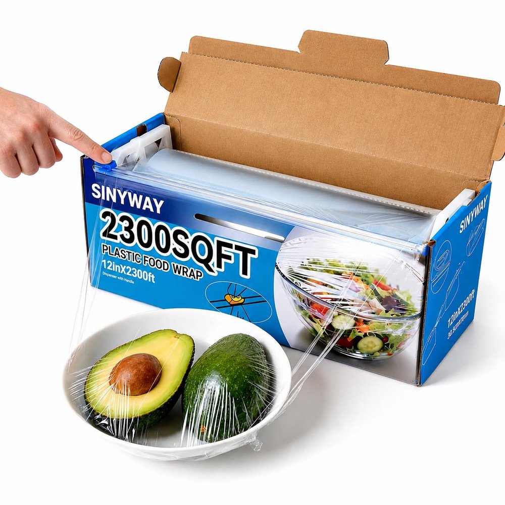 12" x 2300 SqFt Plastic Wrap with Slide Cutter, Commercial Size Cling Wrap for Kitchen, Extra-Long Roll with Built-in Roller, Heavy Duty Plastic Food Wrap for Home or Restaurant BPA Free