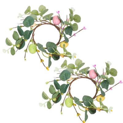 2-Pack Easter Candle Rings, Spring Egg and Berry Candle Wreath with Faux Eucalyptus, Small Floral Holder Ring for Seasonal Decor, Spring Rings