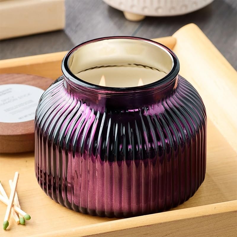 18oz Spicy Cinnamon Stick Scented 2-Wick Candle, Ribbed Mercury Glass Jar with Wooden Lid for Home