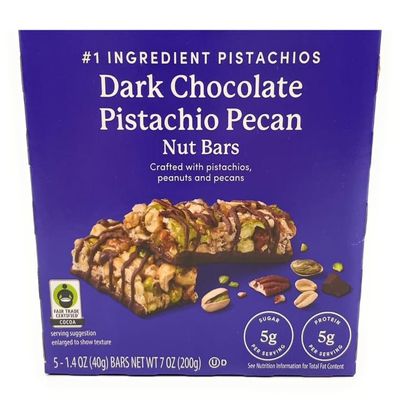 Dark Chocolate Pistachio Pecan Nut Bars Made with Pistachio, Peanuts and Pecans, 5g Protein Per Serving 7oz/200g - (Pack of 1)