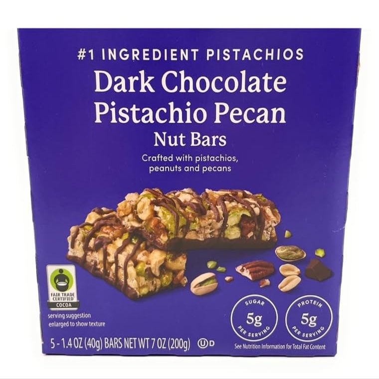 Dark Chocolate Pistachio Pecan Nut Bars Made with Pistachio, Peanuts and Pecans, 5g Protein Per Serving 7oz/200g - (Pack of 1)