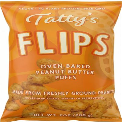 Tatty's Flips - Oven Baked Peanut Butter Puffs - 2 x 7oz. bags (200g) - No Aritificial Colors, Flavors or preservatives, 4G plant protein, non gmo, vegan