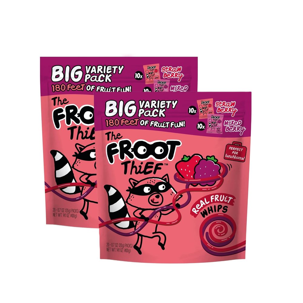 (2 Pack) FROOTS Thief Real Fruit Whips - Strawberry & Mixed Berry - Healthy Kids Fruit Snacks - 100% Real Fruit, No Added Sugar, Non-GMO & Gluten Free (Total 28.2 oz - 40 ct)