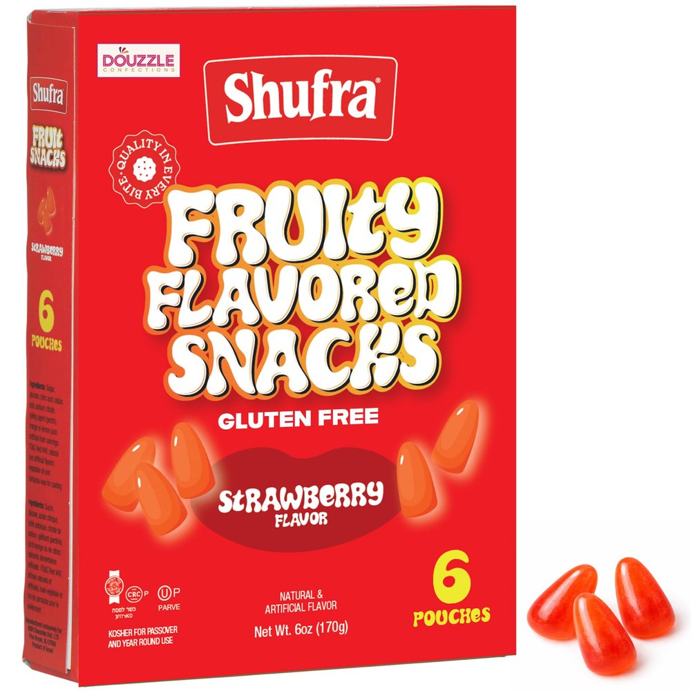 DOUzzle Kosher for Passover Candy Treats, Gluten Free Fruit Snacks, Strawberry (6 Count, 1 Pack) Non Gebrokts Kosher for Passover Food - Made With Real Fruit Gluten Free, Parve