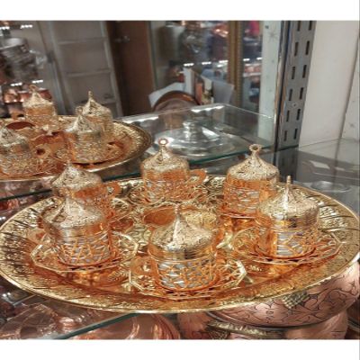 SODEF Coffee Cup Set 6 Person Gold Copper Ottoman Turkish Coffee Set, 12+ Piece, Mother's Day Gift, Traditional Design - GOLD, One Size