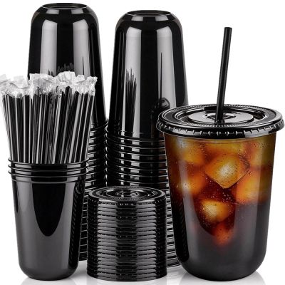 Jycnolm [50 Sets - 16oz Round Bottom Black Plastic Cups with Lids and Straws, Disposable Iced Coffee Cups with Lids To Go Cold Drink Cups for Smoothies, Juices, Party Catering