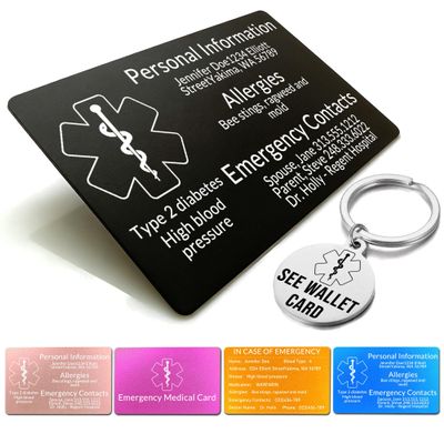 Xuggae Custom Medical Alert Cards for WalletEngraved Custom ID Card Emergency Contact Card Aluminum, Credit Card Size, Diabetic Supplies for Emergency Identification (Black)