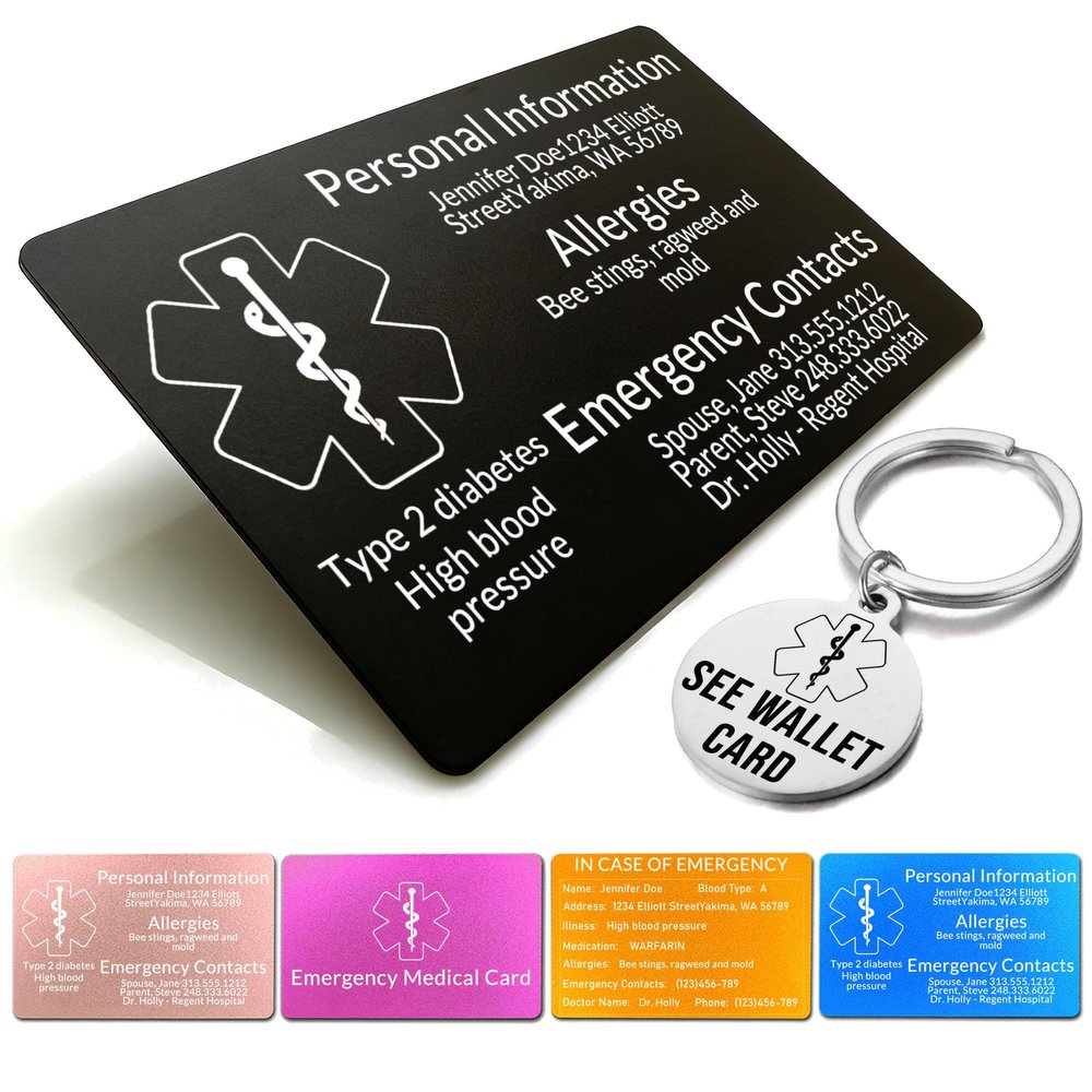 Xuggae Custom Medical Alert Cards for WalletEngraved Custom ID Card Emergency Contact Card Aluminum, Credit Card Size, Diabetic Supplies for Emergency Identification (Black)