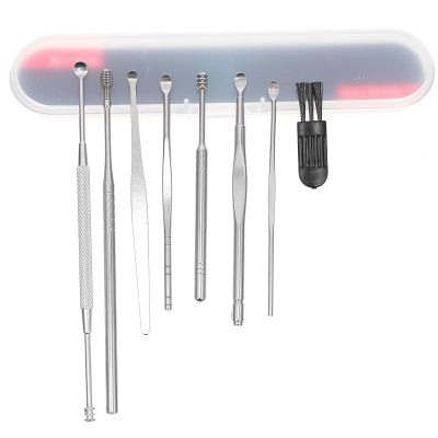Hohopeti Stainless Steel Ear Cleaning Tools 8pcs Set with Dual-Head Spring Rotating Ear Picks Black Cleaning Brush and White Storage Case for Safe Earwax Removal