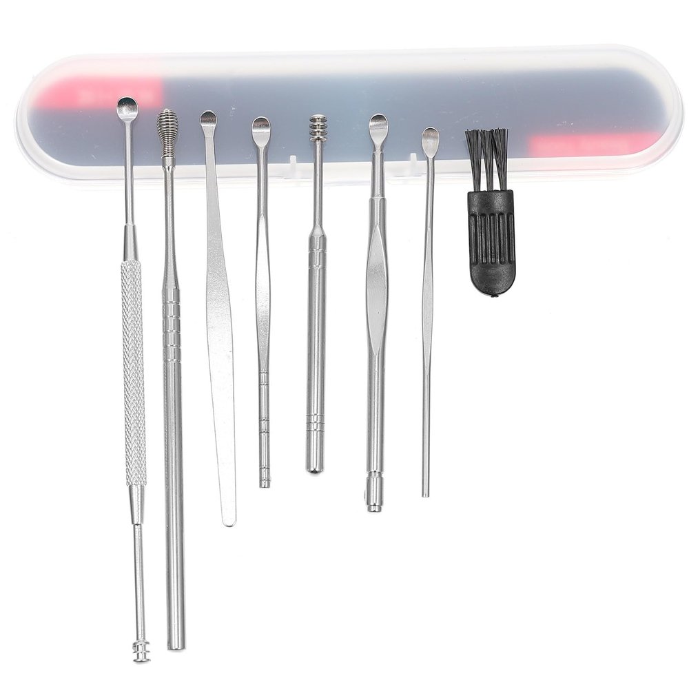 Hohopeti Stainless Steel Ear Cleaning Tools 8pcs Set with Dual-Head Spring Rotating Ear Picks Black Cleaning Brush and White Storage Case for Safe Earwax Removal