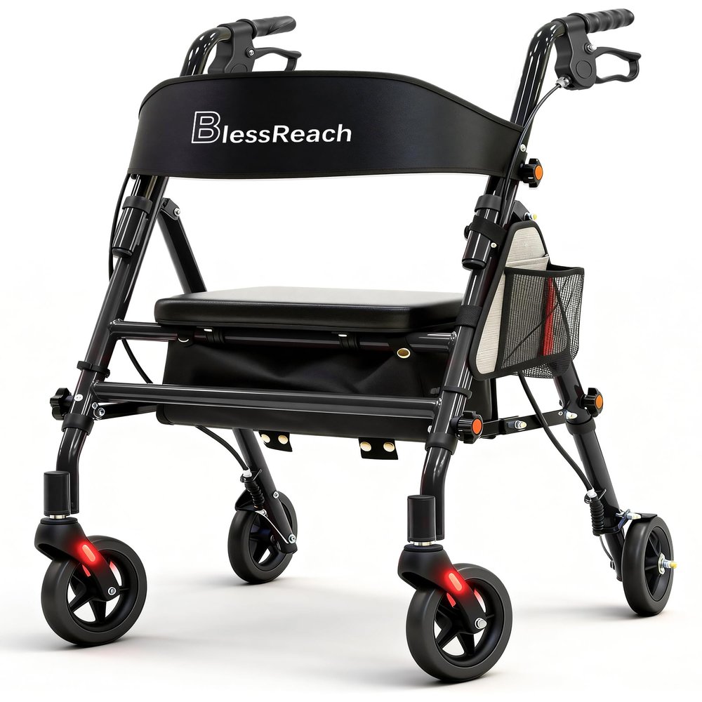 BlessReach Lightweight Foldable Rollator Walkers with Seat for Seniors, 300 lb Capacity, 5-Position Adjustable Height, Premium Hybrid Rolling Walker - Aluminum and Carbon Steel (Black)