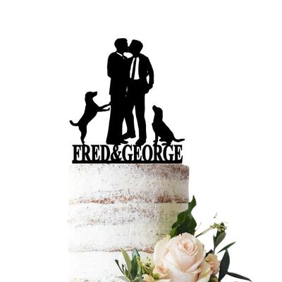 Egeshangb Gay Two Men Kissing With Dogs Cake Topper, Custom Families Silhouette Cake Insert for Shower Birthday Wedding Engagement Anniversary Reception Special Events Ceremony Party Decoration.