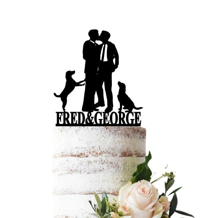 Egeshangb Gay Two Men Kissing With Dogs Cake Topper, Custom Families Silhouette Cake Insert for Shower Birthday Wedding Engagement Anniversary Reception Special Events Ceremony Party Decoration.