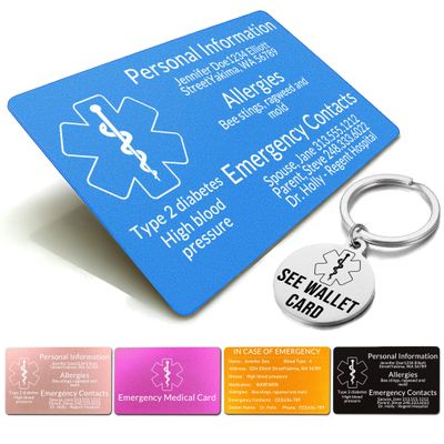 Xuggae Custom Medical Alert Cards for WalletEngraved Custom ID Card Emergency Contact Card Aluminum, Credit Card Size, Diabetic Supplies for Emergency Identification (Blue)