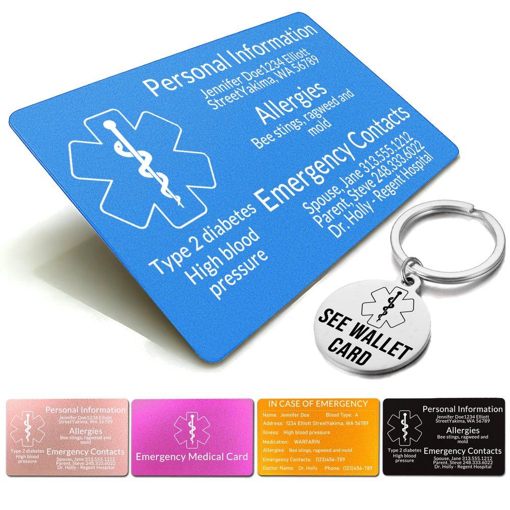 Xuggae Custom Medical Alert Cards for WalletEngraved Custom ID Card Emergency Contact Card Aluminum, Credit Card Size, Diabetic Supplies for Emergency Identification (Blue)
