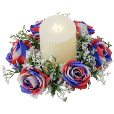 4th of July Candle Rings Patriotic Red White Blue Artificial Mini Rose Flower Wreaths Floral Candle Holders Table Centerpieces for Independence Day Memorial Day Home Kitchen Tabletop Decors
