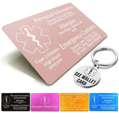 Xuggae Custom Medical Alert Cards for WalletEngraved Custom ID Card Emergency Contact Card Aluminum, Credit Card Size, Diabetic Supplies for Emergency Identification (Pink)