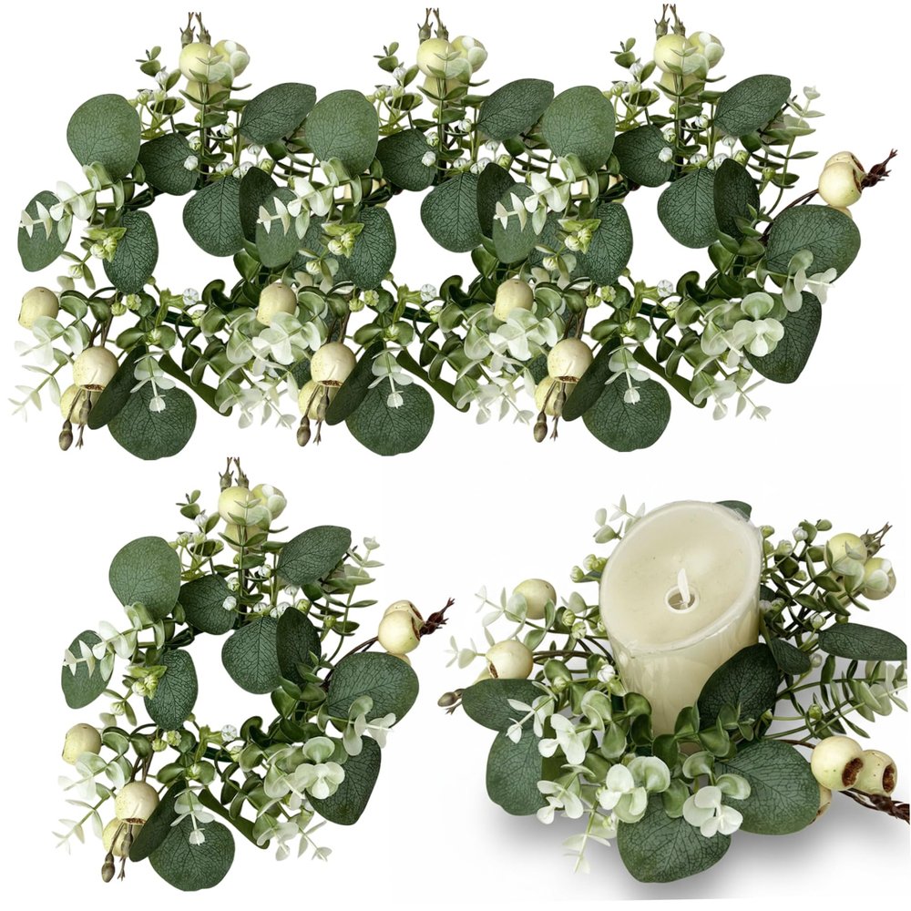 4 Pack Eucalyptus Candle Ring, Artificial Spring Greenery Candle Wreath for Table Centerpiece, 10 Inch Small Eucalyptus Wreath for Easter Wedding Party