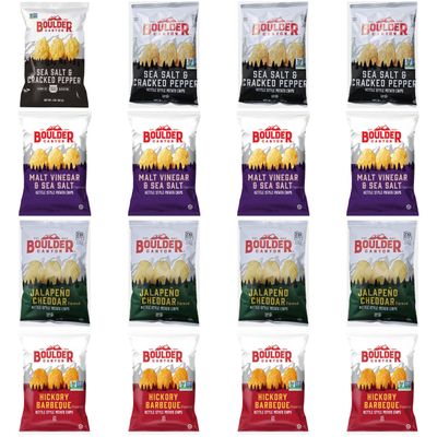 Boulder Canyon Kettle Style Potato Chips Variety Pack 16 Pack (1.5 oz Bags) Sea Salt & Cracked Pepper, Malt Vinegar & Sea Salt, Hickory Barbecue, Jalapeo Cheddar Gluten Free Snack Pack Bundled by SUPERDEALS with Mystery Bonus Gift