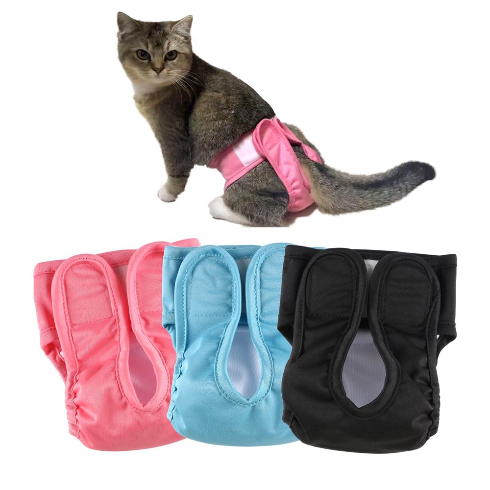 Hi Sprout Reusable Cat Diapers, Washable Cat Incontinence Diapers for Cats Spraying or Cats in Heat or IncontinenceAdjustable Kitty Diapers 3 Pack(L)