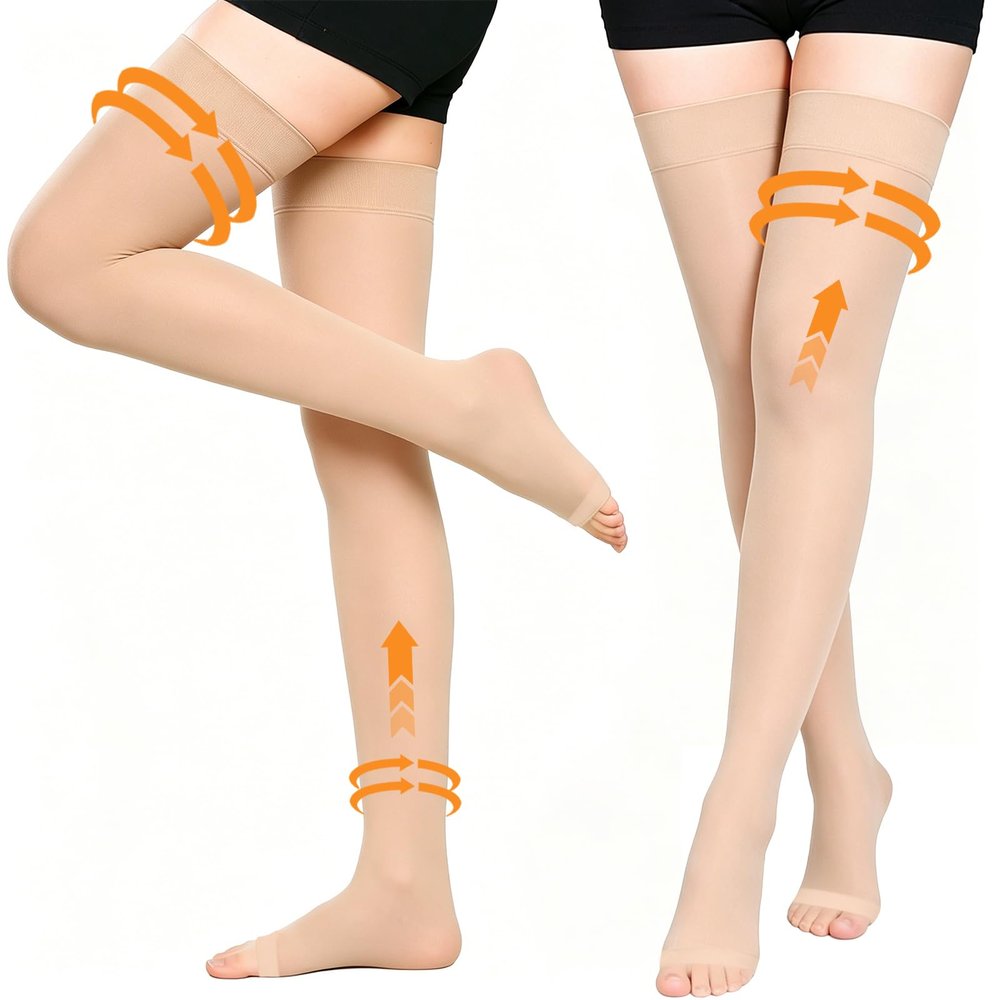 2 Pairs Compression Stockings for Women & Men, 20-30mmHg Thigh High Compression Socks, Open Toe Medical Compression Socks with Silicone Dot Band for Sport Swelling Varicose Veins, Beige