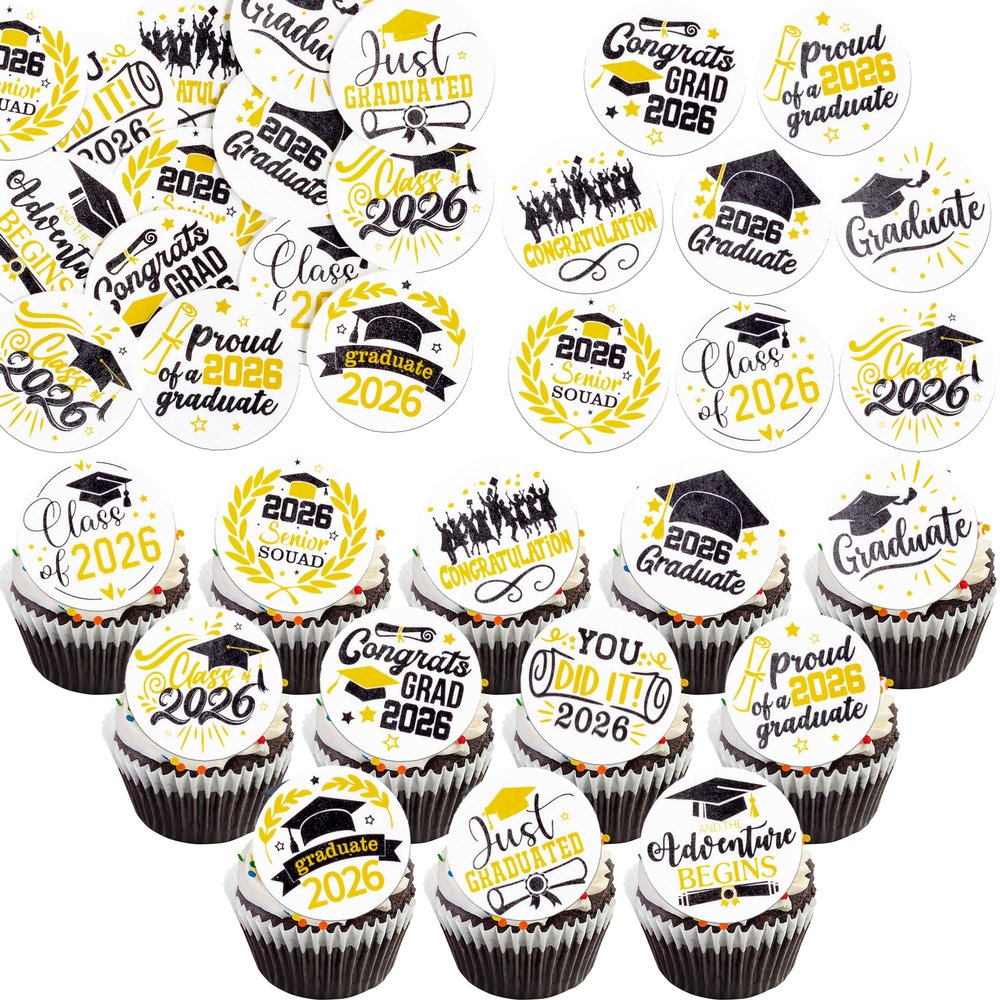 Gyufise 48Pcs Edible Graduation Cap 2026 Cupcake Toppers Wafer Paper Grad Cap Diploma Cake Decoration Picks for 2026 Grad Theme Party Cake Decor Supplies Black White Gold