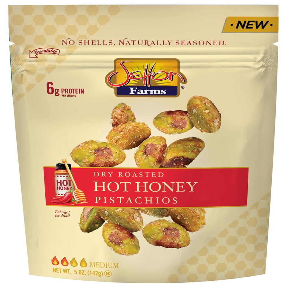 Setton Farms Naturally Seasoned Pistachio Kernels, Hot Honey, Dry Roasted, No Shell Pistachios, Certified Non-GMO, Gluten Free, Vegan and Kosher, 5 oz Resealable Pouch