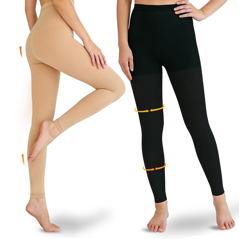 2 Pairs 15-20mmHg Compression Leggings for Women & Men, Medical Graduated Compression Tights Women, Footless Compression Stockings Support Compression Pantyhose for Varicose Veins, Edema, Dvt(Black+Beige, Medium)