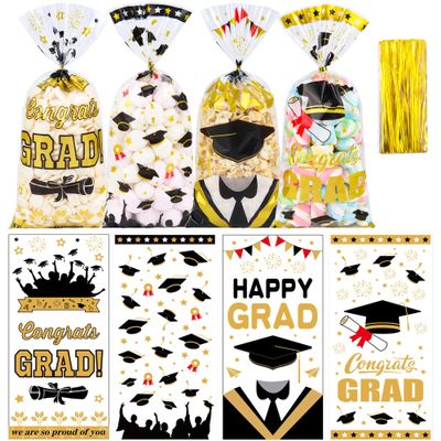100 Pcs Graduation Cellophane Treat Bags - 5" x 11" Congrats Grad Plastic Goodie Bags with 110 Gold Twist Ties for Cookies, Snacks, Party Favors & Gift Packaging, Thick Plastic Candy Bag for Kids