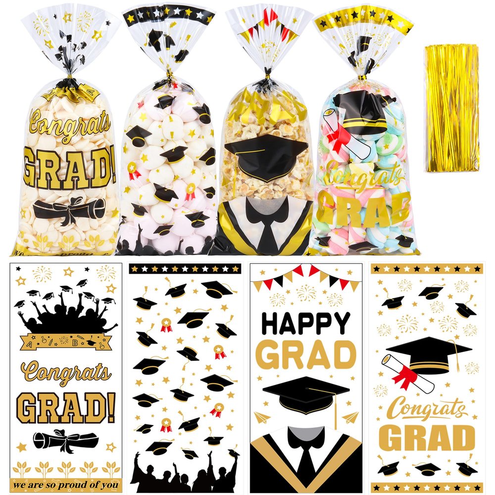 100 Pcs Graduation Cellophane Treat Bags - 5" x 11" Congrats Grad Plastic Goodie Bags with 110 Gold Twist Ties for Cookies, Snacks, Party Favors & Gift Packaging, Thick Plastic Candy Bag for Kids