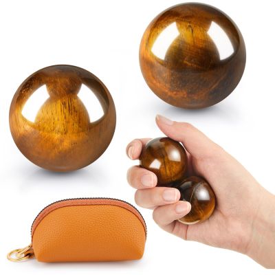AceOrbit Baoding Balls Set of 2, Chinese Stress Relief Hand Exercise Balls with Leather Pouch, 1.57 Inch Tigers Eye Stone, Finger Exercise and Wrist Strength Training
