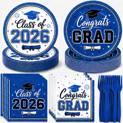 LINHAXM 2026 Graduation Plates and Napkins, Blue and White Graduation Decorations Class of 2026, Disposable Plates, Napkins and Forks Party Supplies for Congrats Grad Party Decorations, Serves 50