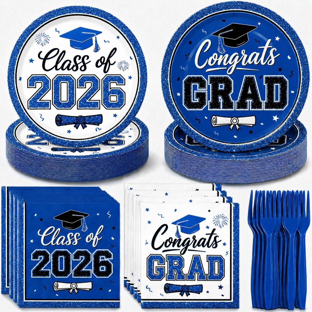 LINHAXM 2026 Graduation Plates and Napkins, Blue and White Graduation Decorations Class of 2026, Disposable Plates, Napkins and Forks Party Supplies for Congrats Grad Party Decorations, Serves 50