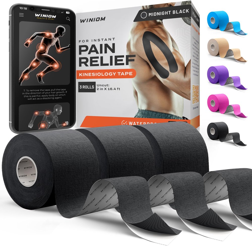Kinesiology Tape - Waterproof Athletic Sports Tape for Knee, Shoulder, Arm & Back Support | 3-5 Day Adhesion, Hypoallergenic & Latex-Free + Taping Guide (Uncut, 2inx16.4ft, Midnight Black, 3-Roll)