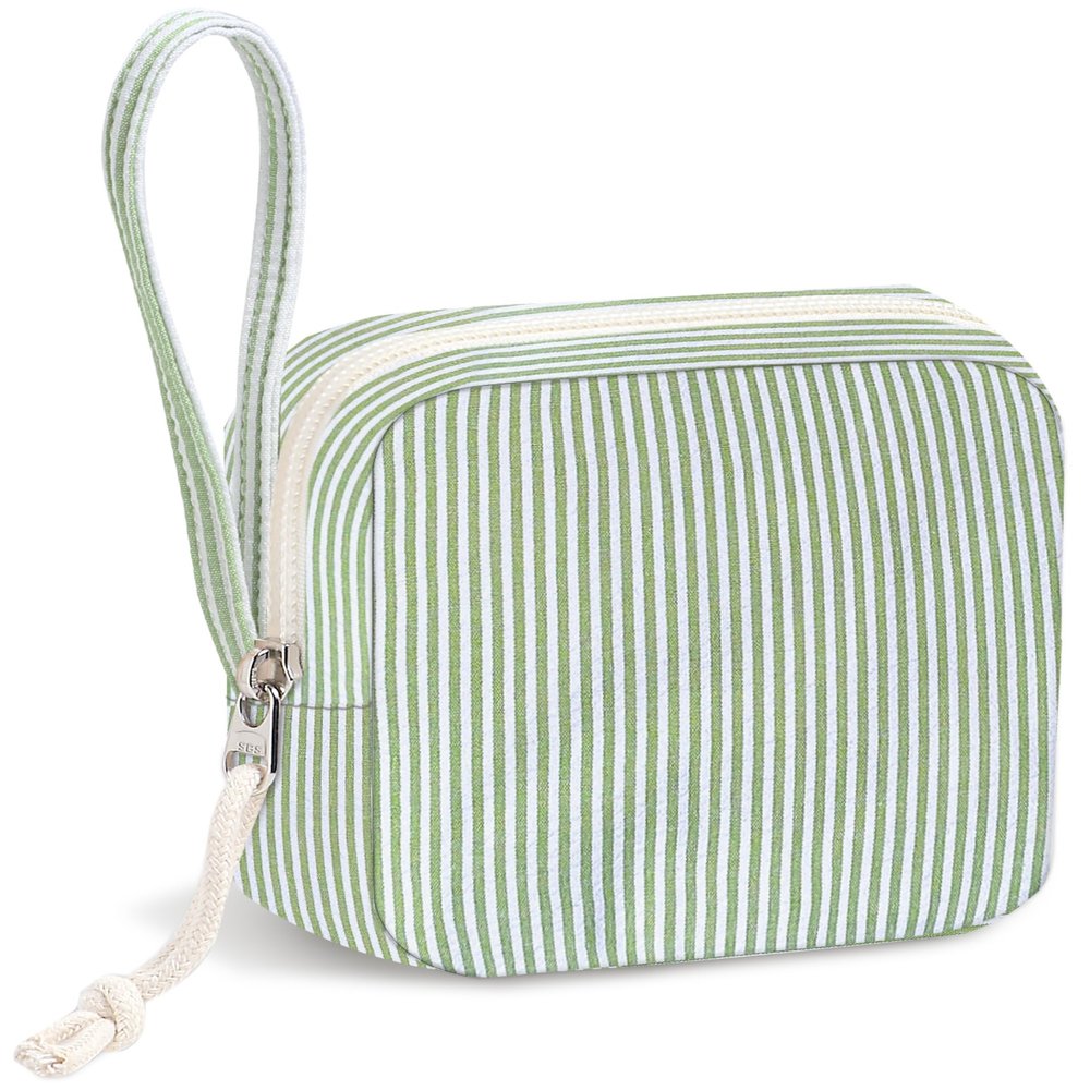 CetyVoyie Corduroy Period Pouch for Women, Cute Sanitary Pad Pouch with Zipper, Portable Tampon Holder for Purse, Sanitary Napkin Storage Bag for Travel (Stripes Green White)