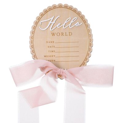 Azefnuhk Pink Bow Birth Announcement Sign, Wooden Hello World Newborn Sign, Welcome Baby Name Plaques for Hospital Birth Announcement Photo Props