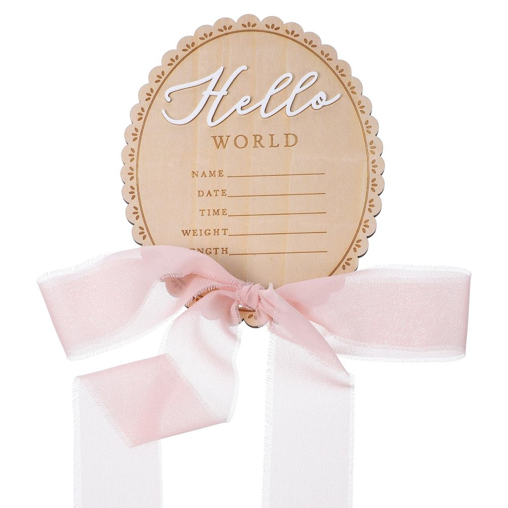 Azefnuhk Pink Bow Birth Announcement Sign, Wooden Hello World Newborn Sign, Welcome Baby Name Plaques for Hospital Birth Announcement Photo Props