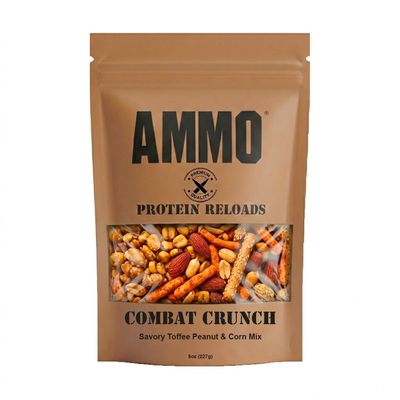 AMMO Combat Crunch Premium Protein Trail Mix - Savory Toffee Peanut & Roasted Corn - Spicy Cajun Snacks with Corn Sticks & Sesame Sticks, 8oz (227g) Resealable Bag Tactical Emergency Rations & Hiking Fuel