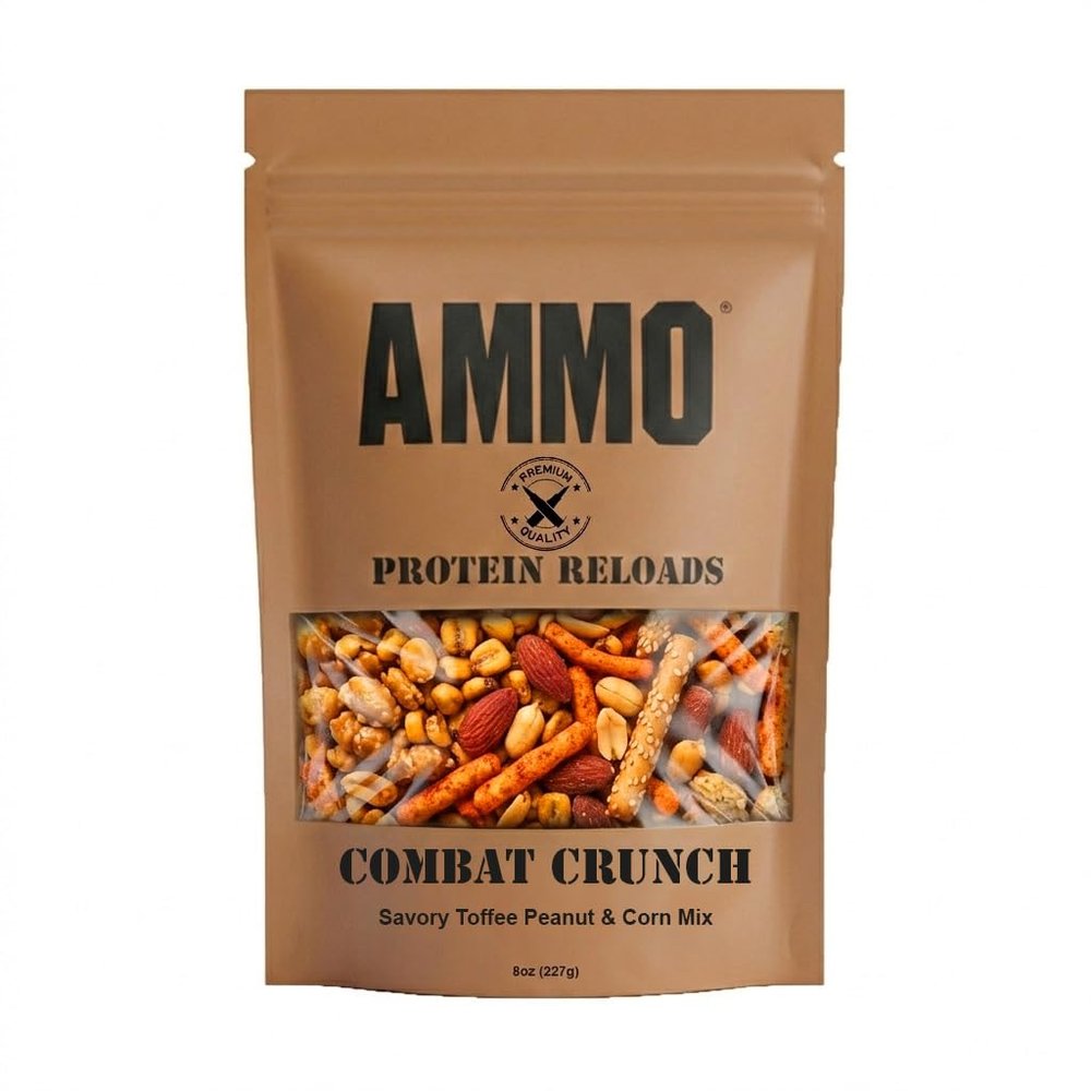 AMMO Combat Crunch Premium Protein Trail Mix - Savory Toffee Peanut & Roasted Corn - Spicy Cajun Snacks with Corn Sticks & Sesame Sticks, 8oz (227g) Resealable Bag Tactical Emergency Rations & Hiking Fuel