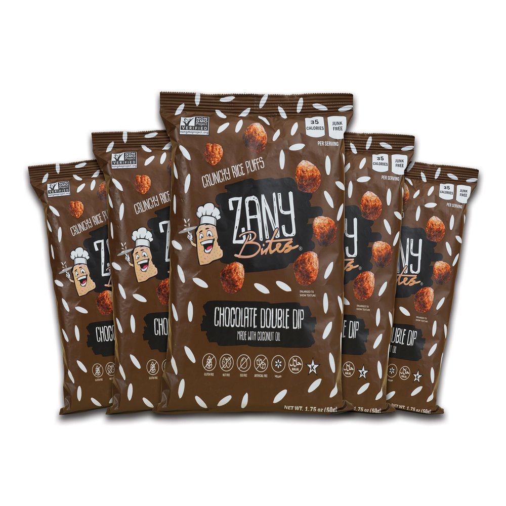 Zany Bites Chocolate Double Dip Puffed Rice Snacks, Seed Oil Free, Gluten Free, Nut Free, Non-GMO, Vegan, Guilt Free Chocolate Snack, 35 Calories, 1.75 oz Bags (Pack of 5)