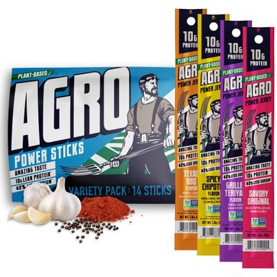 AGRO POWER Vegan Jerky Sticks Variety Pack, 10g Protein per Stick, Grilled Teriyaki, Savory Original, Spicy Chipotle & Texas BBQ, 14 Sticks Total, Non-GMO, 40% Less Sodium, Zero Cholesterol, High Protein Snack