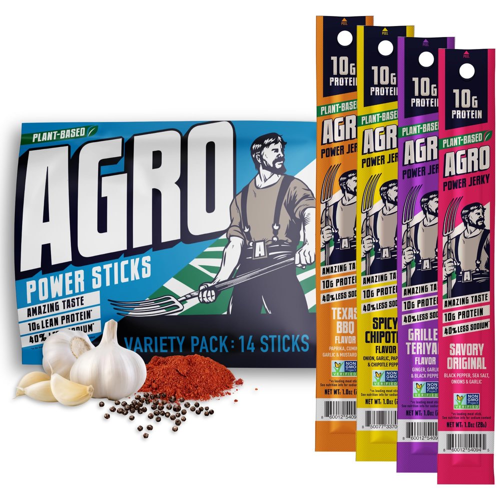 AGRO POWER Vegan Jerky Sticks Variety Pack, 10g Protein per Stick, Grilled Teriyaki, Savory Original, Spicy Chipotle & Texas BBQ, 14 Sticks Total, Non-GMO, 40% Less Sodium, Zero Cholesterol, High Protein Snack