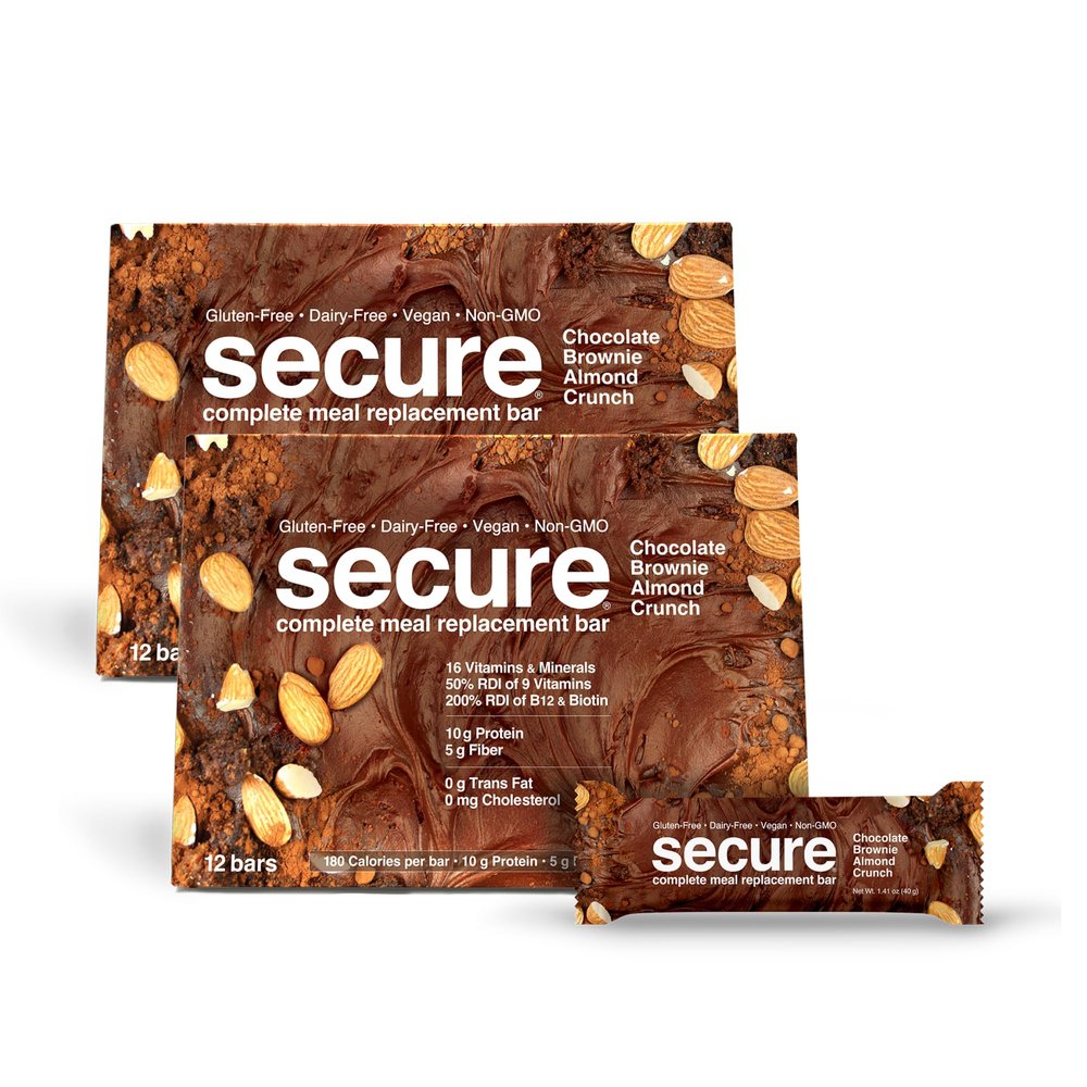 ANDREW LESSMAN Secure Bars 40g - Chocolate Brownie Almond Crunch - High Protein & Fiber Snack - 24 Bars - Non-GMO, Gluten-Free, No Artificial Flavors, Vegan, Low Calorie Meal Replacement
