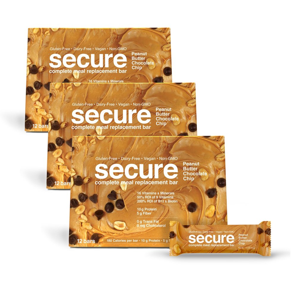 ANDREW LESSMAN Secure Bars 40g - Peanut Butter Chocolate Chip - High Protein & Fiber Snack - 36 Bars - Non-GMO, Gluten-Free, No Artificial Flavors, Vegan, Low Calorie Meal Replacement