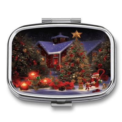 Christmas Cheer Pill Box 2 Compartment Decorative Metal Pill Case for Pocket Or Purse Travel Portable Medicine Box Pill Container Organizer for Vitamins Fish Oils Supplements